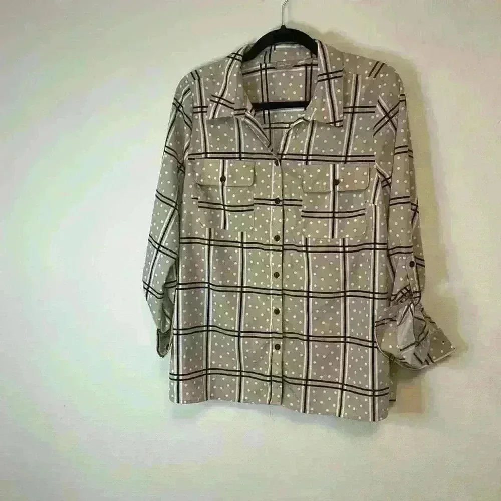 Coral Bay button up tan polka dots and stripes shirt sizeL